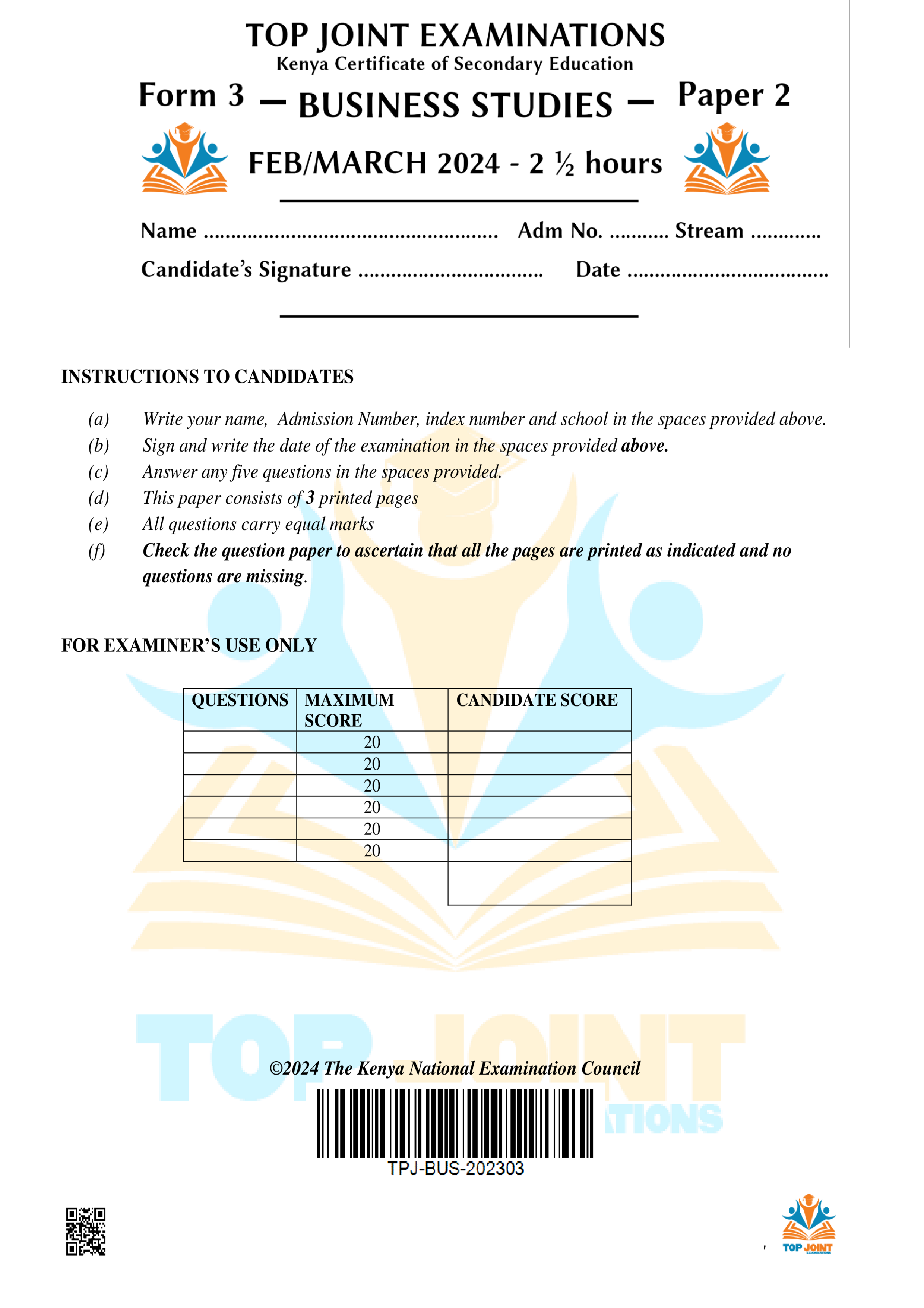 BUSINESS STUDIES FORM 3 PP2 MID 2024